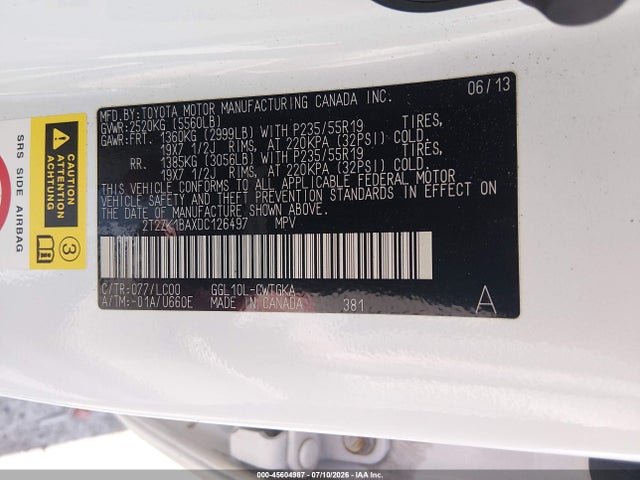 Aukcja sprzedaży 2013 Lexus Rx 350, vin: 2T2ZK1BAXDC126497, numer aukcji: 45604987