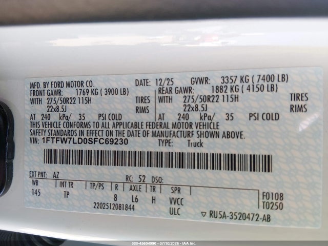 Aukcja sprzedaży 2025 Ford F-150 Platinum, vin: 1FTFW7LD0SFC69230, numer aukcji: 45604990