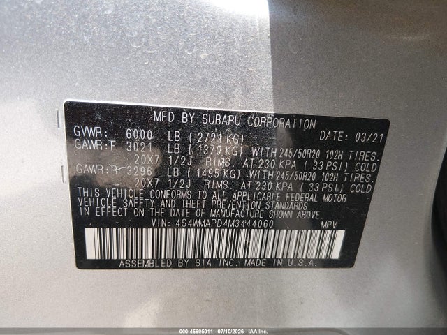 Aukcja sprzedaży 2021 Subaru Ascent Limited, vin: 4S4WMAPD4M3444060, numer aukcji: 45605011