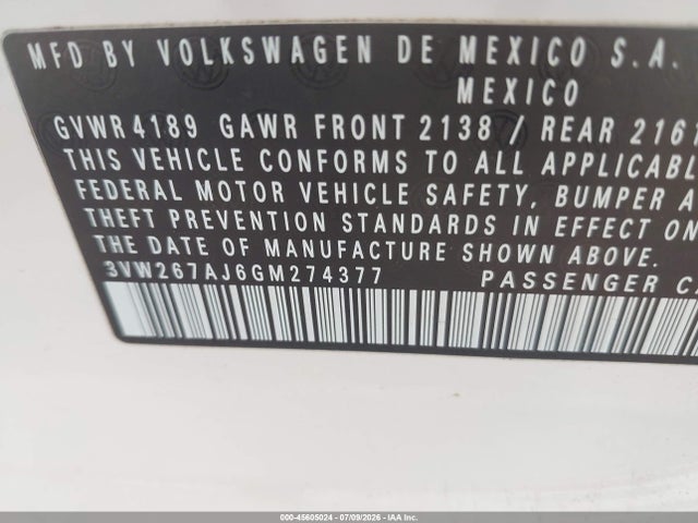 45605024 :رقم المزاد ، 3VW267AJ6GM274377 vin ، 2016 Volkswagen Jetta 1.4t S مزاد بيع