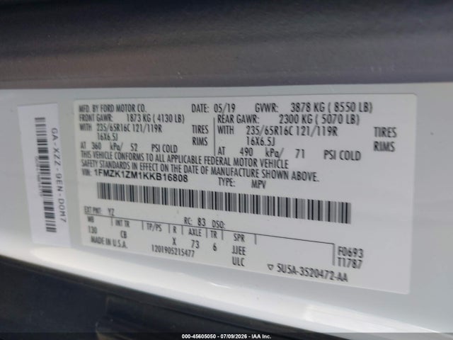 1FMZK1ZM1KKB16808 Ford Transit-150 Xl