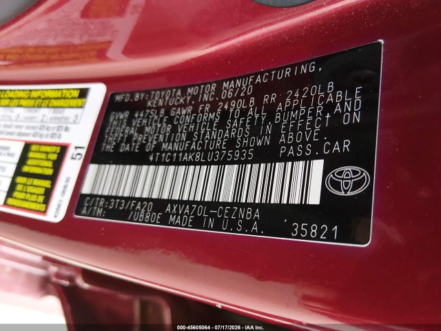 Продажа на аукционе авто 2020 Toyota Camry Le, vin: 4T1C11AK8LU375935, номер лота: 45605064