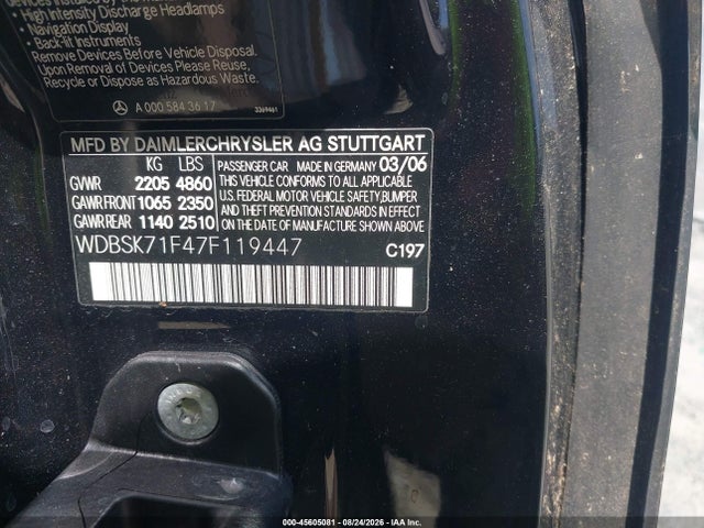 Aukcja sprzedaży 2007 Mercedes-benz Sl 550, vin: WDBSK71F47F119447, numer aukcji: 45605081