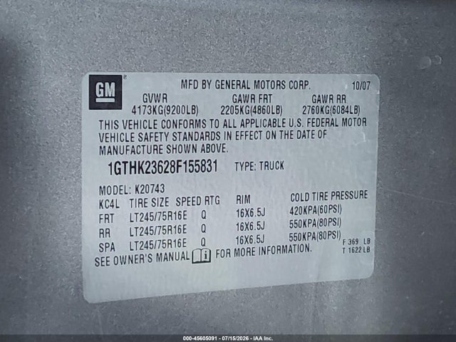 Продаж на аукціоні авто 2008 Gmc Sierra 2500hd Slt, vin: 1GTHK23628F155831, номер лоту: 45605091