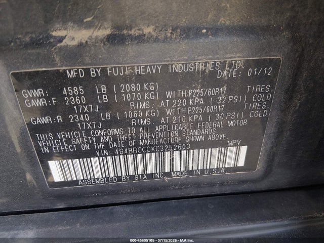 2012 Subaru Outback 2.5i Premium მანქანა იყიდება აუქციონზე, vin: 4S4BRCCCXC3252603, აუქციონის ნომერი: 45605105