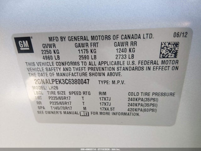 Auction sale of the 2012 Chevrolet Equinox 2lt, vin: 2GNALPEK3C6380047, lot number: 45605114