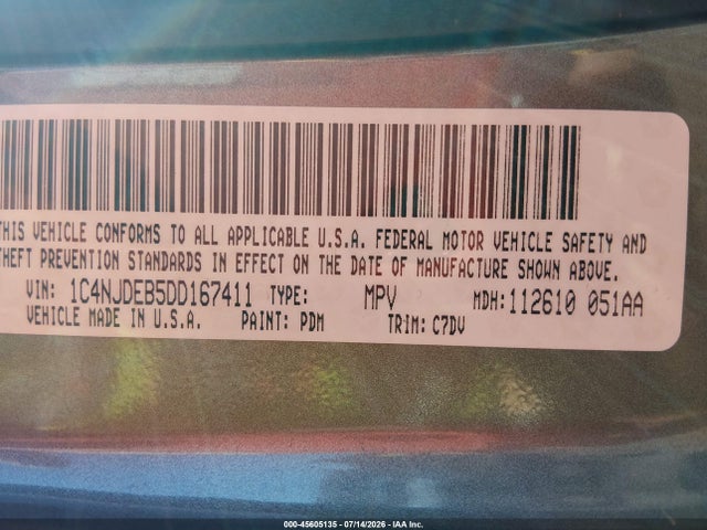 Aukcja sprzedaży 2013 Jeep Compass Latitude, vin: 1C4NJDEB5DD167411, numer aukcji: 45605135
