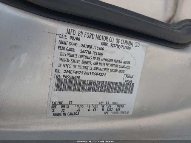 Продаж на аукціоні авто 2001 Mercury Grand Marquis Ls, vin: 2MEFM75W81X604272, номер лоту: 45605158
