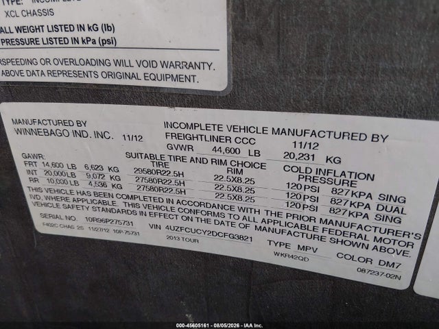 Aukcja sprzedaży 2013 Freightliner Chassis Xc, vin: 4UZFCUCY2DCFG3821, numer aukcji: 45605161
