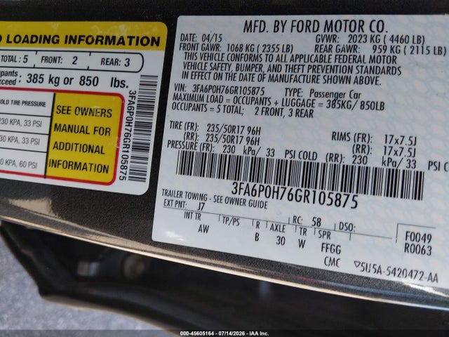 Ford FUSION SE 2016 3FA6P0H76GR105875 Image 9