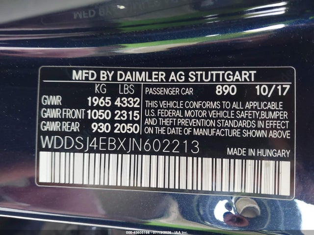 45605166 :رقم المزاد ، WDDSJ4EBXJN602213 vin ، 2018 Mercedes-benz Cla 250 مزاد بيع