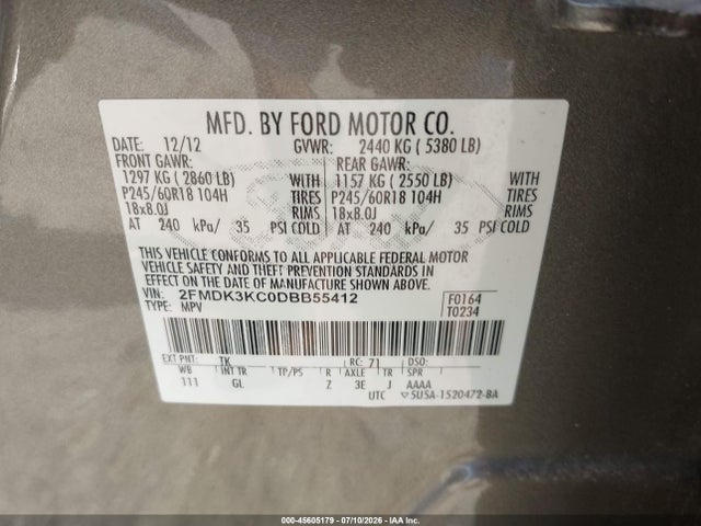 Aukcja sprzedaży 2013 Ford Edge Limited, vin: 2FMDK3KC0DBB55412, numer aukcji: 45605179