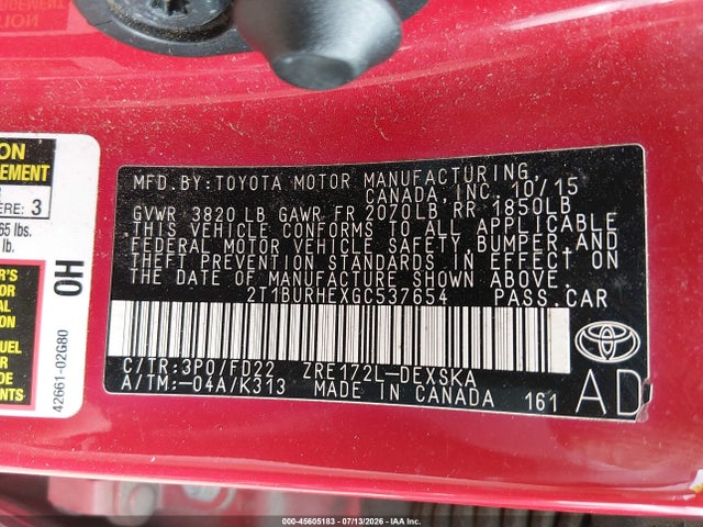 Продажа на аукционе авто 2016 Toyota Corolla S W/special Edition Pkg, vin: 2T1BURHEXGC537654, номер лота: 45605183