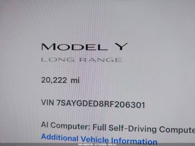 Aukcja sprzedaży 2024 Tesla Model Y Long Range Single Motor Rear-wheel Drive/rwd, vin: 7SAYGDED8RF206301, numer aukcji: 45605190
