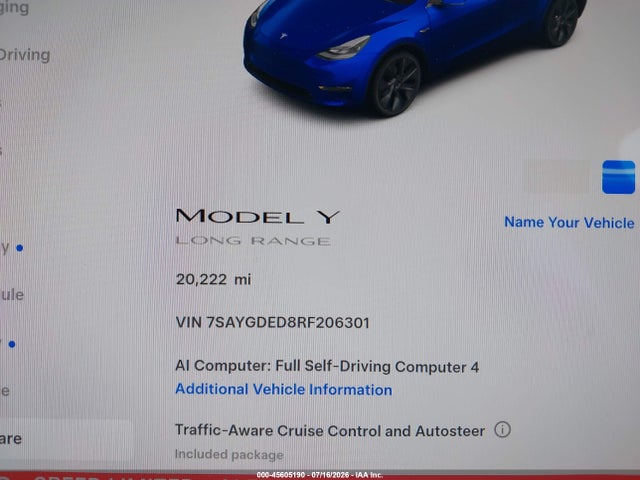 Aukcja sprzedaży 2024 Tesla Model Y Long Range Single Motor Rear-wheel Drive/rwd, vin: 7SAYGDED8RF206301, numer aukcji: 45605190