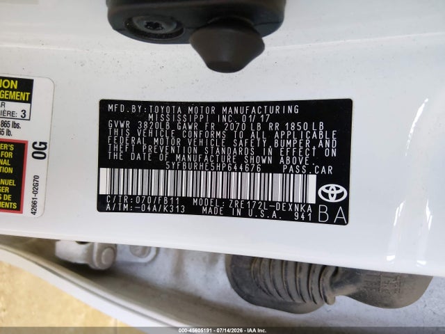 Продажа на аукционе авто 2017 Toyota Corolla Le, vin: 5YFBURHE5HP644676, номер лота: 45605191