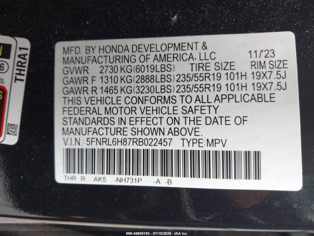 Aukcja sprzedaży 2024 Honda Odyssey Touring, vin: 5FNRL6H87RB022457, numer aukcji: 45605193