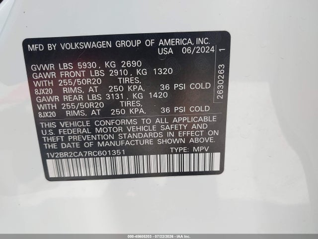45605203 :رقم المزاد ، 1V2BR2CA7RC601351 vin ، 2024 Volkswagen Atlas 2.0t Sel مزاد بيع