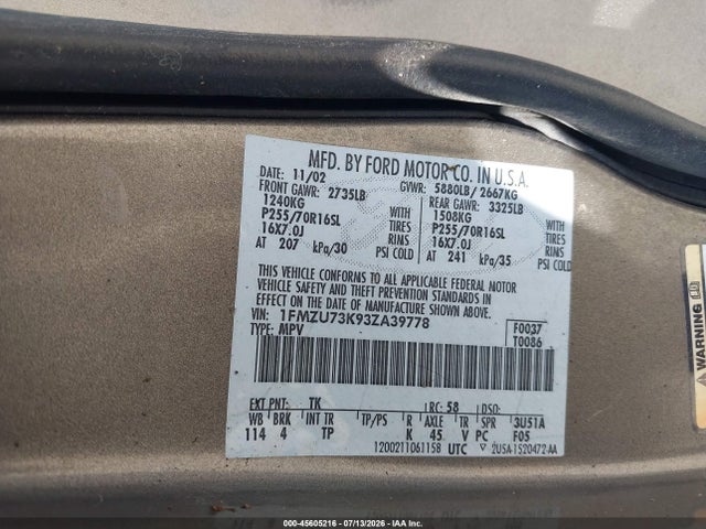 45605216 :رقم المزاد ، 1FMZU73K93ZA39778 vin ، 2003 Ford Explorer Xlt/xlt Sport/nbx مزاد بيع