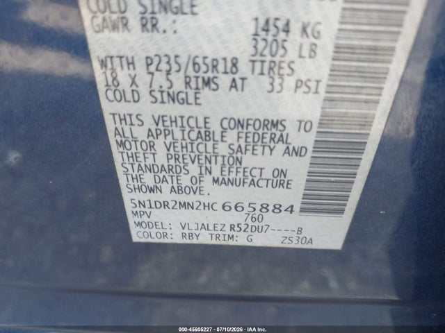 Aukcja sprzedaży 2017 Nissan Pathfinder Sv, vin: 5N1DR2MN2HC665884, numer aukcji: 45605227