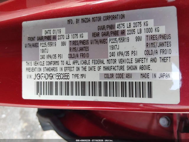 45605229 :رقم المزاد ، JM3KFADM9K1560856 vin ، 2019 Mazda Cx-5 Grand Touring مزاد بيع
