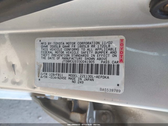 Aukcja sprzedaży 2003 Toyota Corolla Ce/le, vin: JTDBR32E030041905, numer aukcji: 45605233