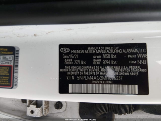 45605237 :رقم المزاد ، 5NPLM4AG2MH026337 vin ، 2021 Hyundai Elantra Sel مزاد بيع
