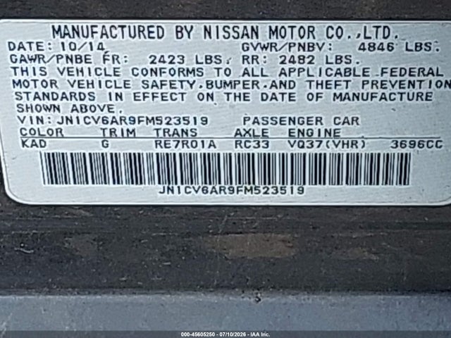 Продаж на аукціоні авто 2015 Infiniti Q40, vin: JN1CV6AR9FM523519, номер лоту: 45605250