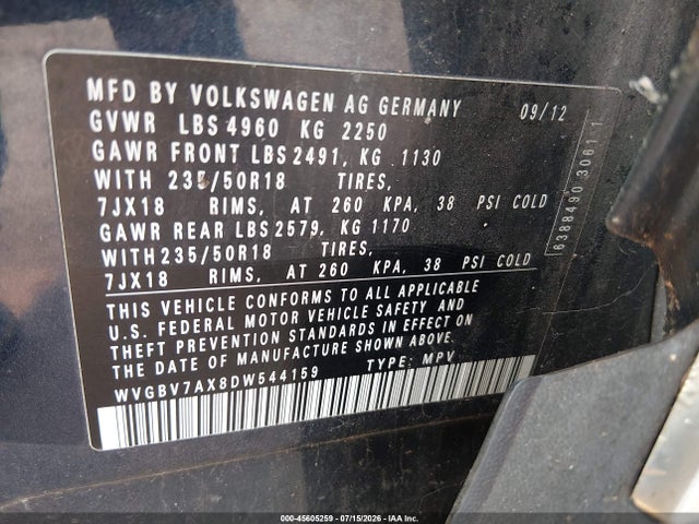 Продаж на аукціоні авто 2013 Volkswagen Tiguan Se, vin: WVGBV7AX8DW544159, номер лоту: 45605259