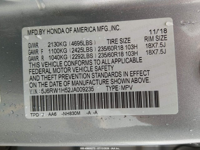 Honda CR-V EX 2018 5J6RW1H52JA009235 Image 9