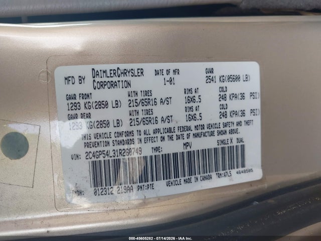 2001 Chrysler Town & Country Lxi მანქანა იყიდება აუქციონზე, vin: 2C4GP54L31R260749, აუქციონის ნომერი: 45605282