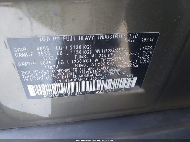 Subaru Outback 2.5i Premium 2015 4S4BSAHC1F3250650 Image 9