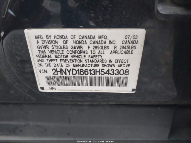 45605358 :رقم المزاد ، 2HNYD18613H543308 vin ، 2003 Acura Mdx مزاد بيع