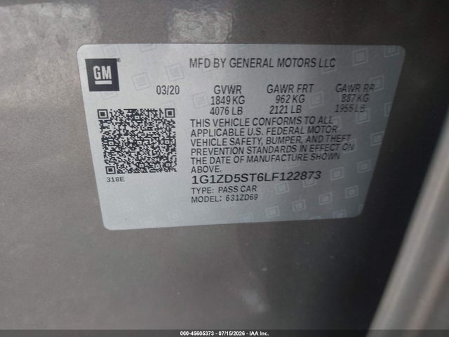 2020 Chevrolet Malibu Fwd Lt მანქანა იყიდება აუქციონზე, vin: 1G1ZD5ST6LF122873, აუქციონის ნომერი: 45605373