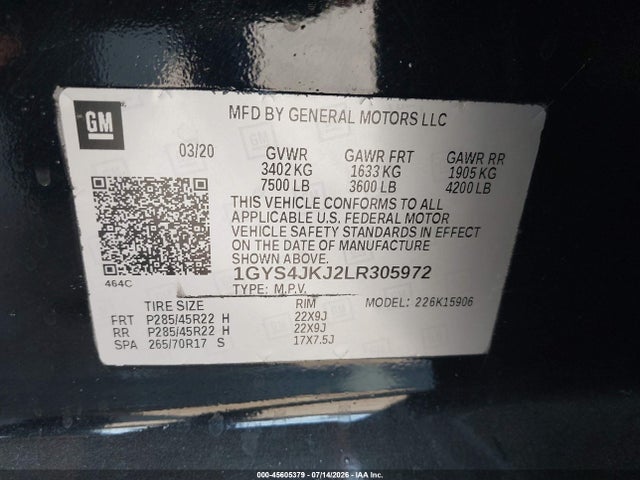 45605379 :رقم المزاد ، 1GYS4JKJ2LR305972 vin ، 2020 Cadillac Escalade Esv 4wd Premium Luxury مزاد بيع