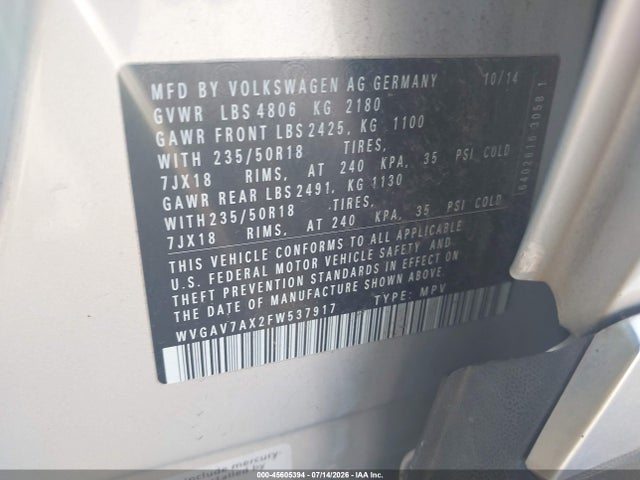 Продажа на аукционе авто 2015 Volkswagen Tiguan Sel, vin: WVGAV7AX2FW537917, номер лота: 45605394