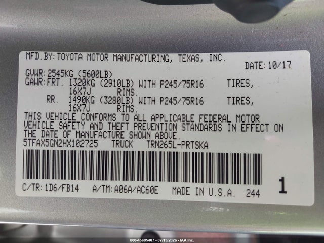 Toyota Tacoma Sr 2017 5TFAX5GN2HX102725 Image 9
