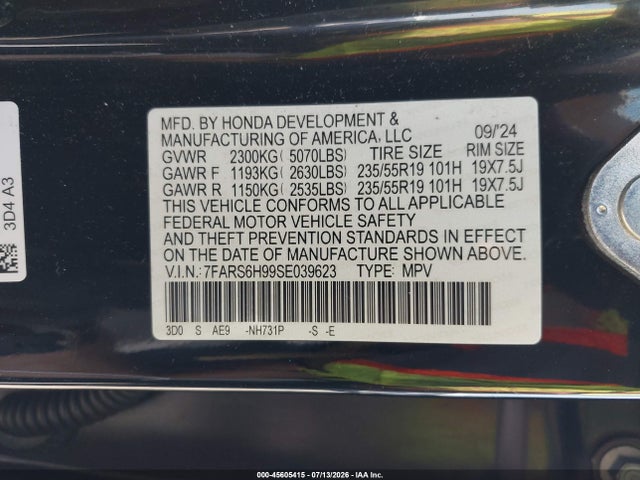 2025 Honda Cr-v Hybrid Sport Touring მანქანა იყიდება აუქციონზე, vin: 7FARS6H99SE039623, აუქციონის ნომერი: 45605415