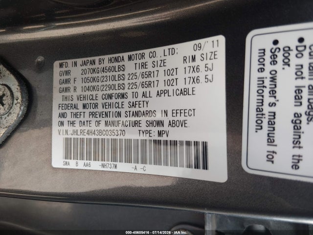 Продажа на аукционе авто 2011 Honda Cr-v Se, vin: JHLRE4H43BC035370, номер лота: 45605416