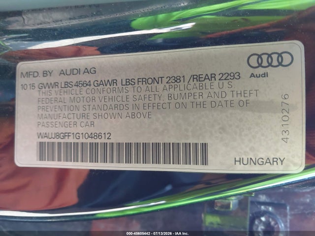 45605442 :رقم المزاد ، WAUJ8GFF1G1048612 vin ، 2016 Audi A3 2.0t Premium Plus مزاد بيع
