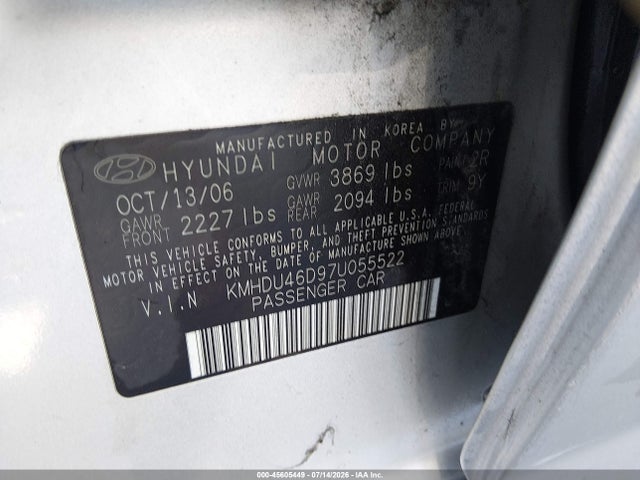 45605449 :رقم المزاد ، KMHDU46D97U055522 vin ، 2007 Hyundai Elantra Gls/ltd/se مزاد بيع