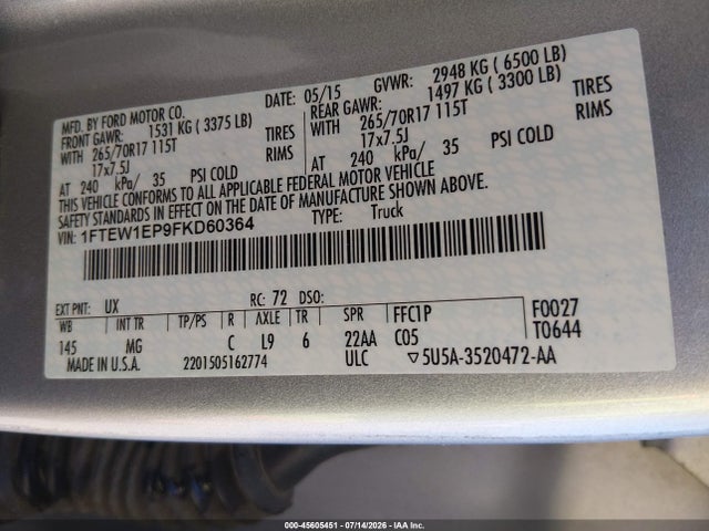 Продаж на аукціоні авто 2015 Ford F-150 Lariat/xl/xlt, vin: 1FTEW1EP9FKD60364, номер лоту: 45605451