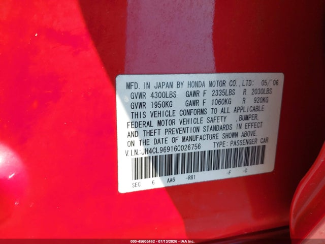 45605462 :رقم المزاد ، JH4CL96916C026756 vin ، 2006 Acura Tsx مزاد بيع