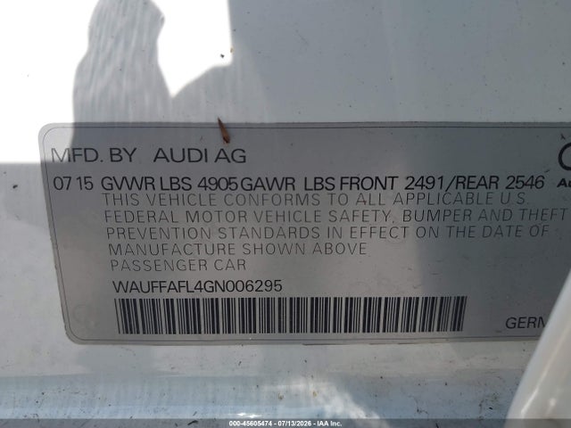 45605474 :رقم المزاد ، WAUFFAFL4GN006295 vin ، 2016 Audi A4 Premium Plus مزاد بيع