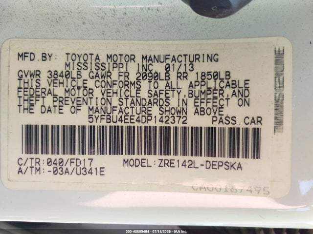 2013 Toyota Corolla S მანქანა იყიდება აუქციონზე, vin: 5YFBU4EE4DP142372, აუქციონის ნომერი: 45605484