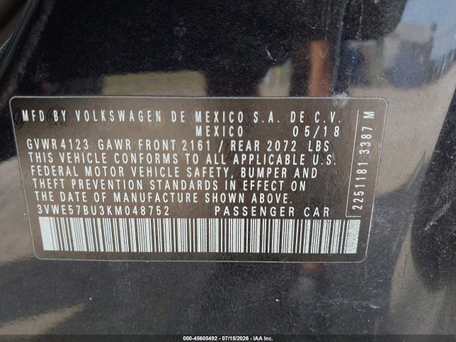 45605492 :رقم المزاد ، 3VWE57BU3KM048752 vin ، 2019 Volkswagen Jetta 1.4t Sel مزاد بيع