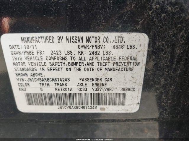 Aukcja sprzedaży 2012 Infiniti G37x, vin: JN1CV6AR8CM674248, numer aukcji: 45605496