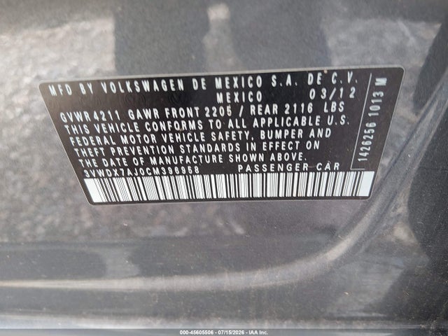 Продажа на аукционе авто 2012 Volkswagen Jetta 2.5l Se, vin: 3VWDX7AJ0CM396958, номер лота: 45605506