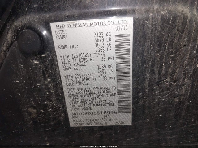2015 Nissan Rogue S მანქანა იყიდება აუქციონზე, vin: 5N1AT2MVXFC818996, აუქციონის ნომერი: 45605511