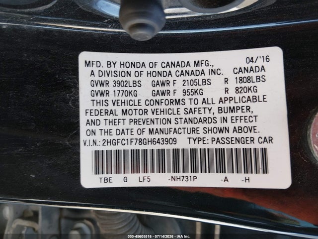 2HGFC1F78GH643909 Honda Civic Ex-l